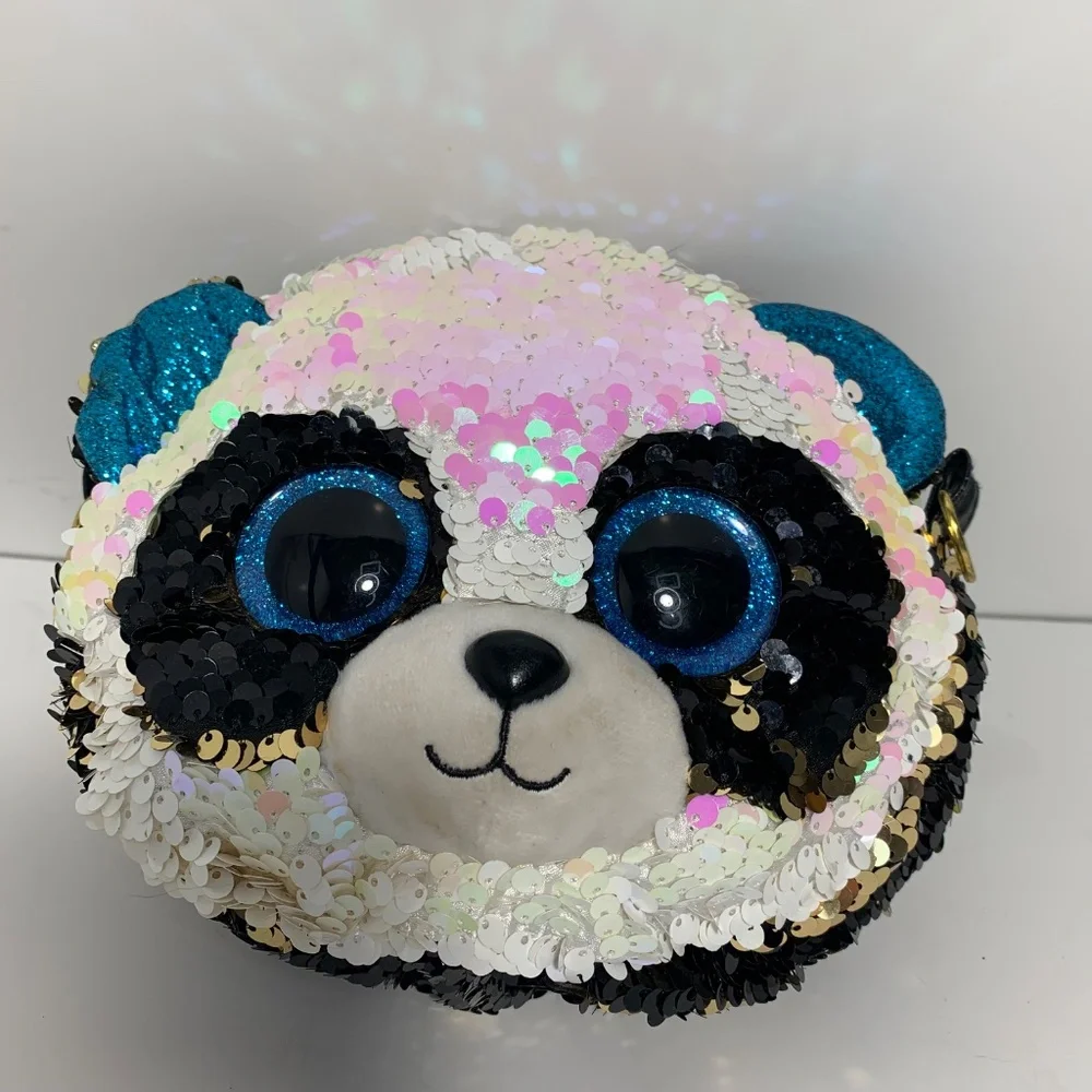 Ty Sequin Panda‎ Face Bag Purse 8” Reversible Sparkle Sequins Plush Blue Eyes